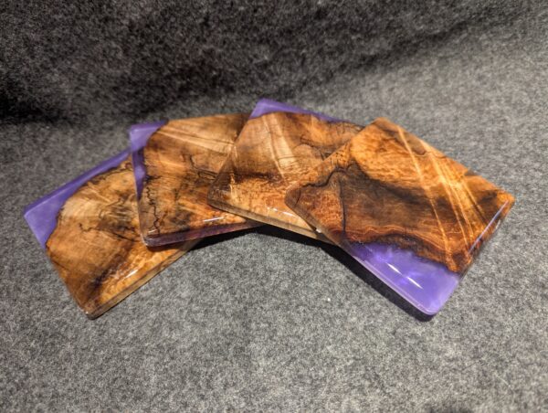 G016 - Set of Four Silver Maple with Purple Resin Coasters. Table Top Epoxy Finish with Cork Bottom (Set of 4)