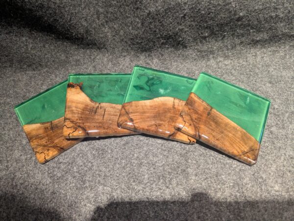 G018 - Silver Maple Live Edge Coasters with Green Resin and Table Top Epoxy Finish (Set of 4)